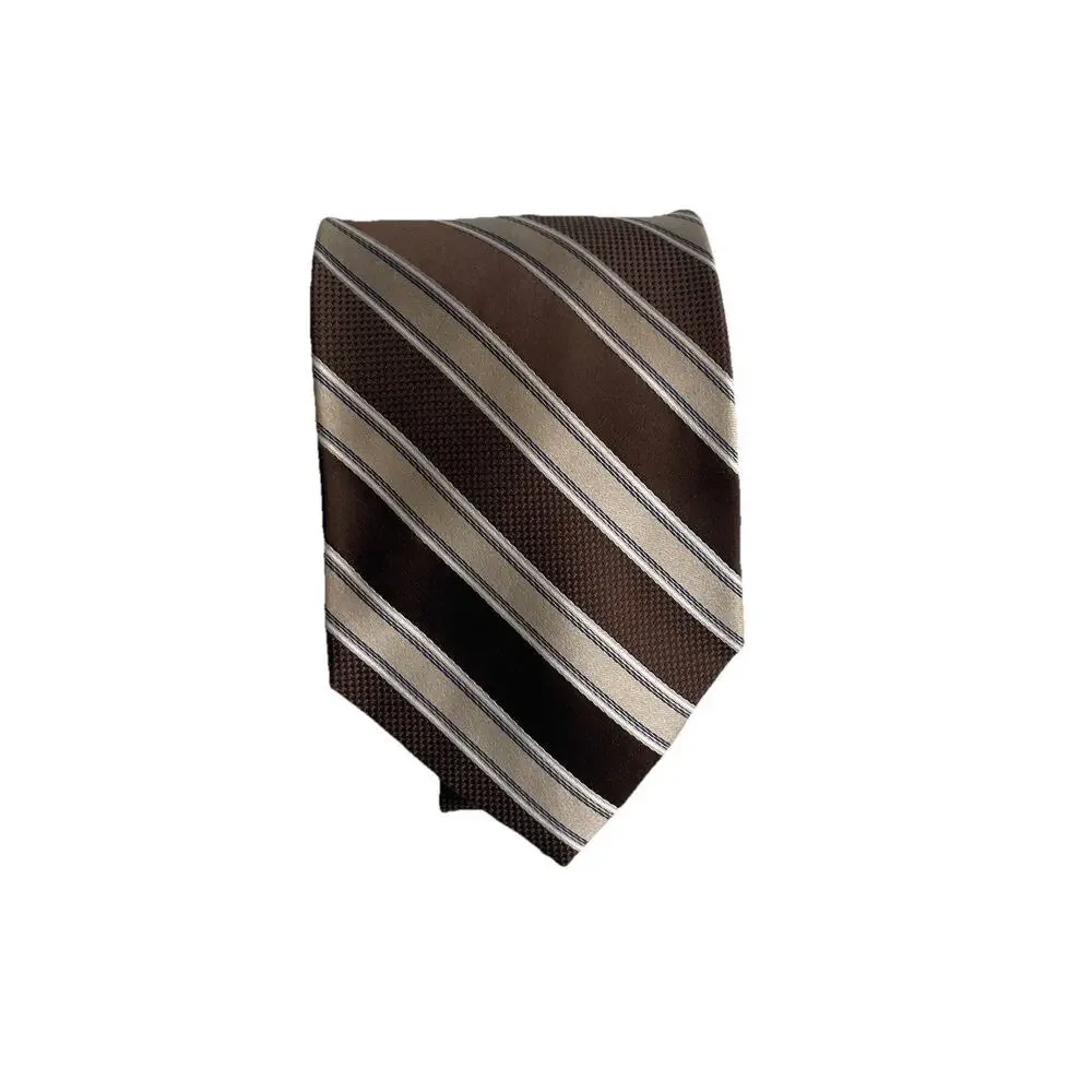 MICHAEL KORS MEN’S TIE BROWN WITH GOLD WHITE STRIPES 100% SILK 3.5 X 59 Corpcore